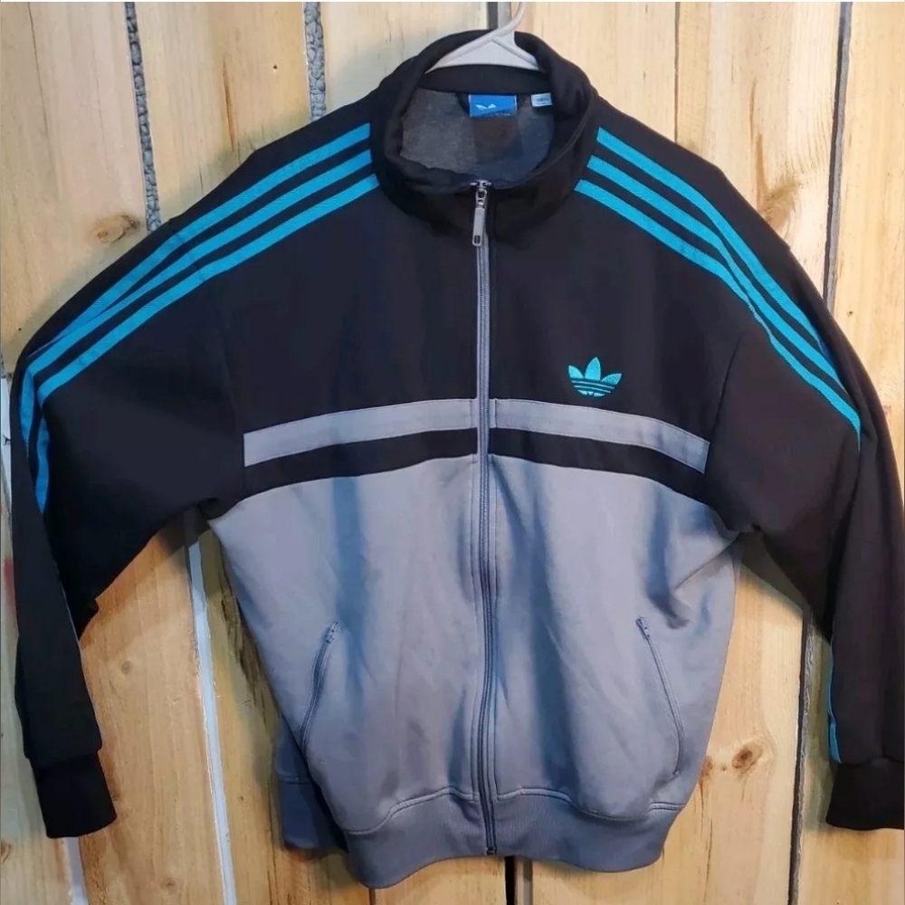 Vintage Adidas Track Jacket Full Zip Retro Style BLK/TRQ MENS SZ-L - Picture 6 of 8